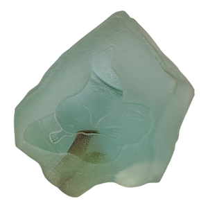Vintage Coastal Aqua Frosted Sea Glass Etched Sea Lion Paperweight Glass Art