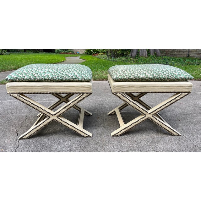 Billy Baldwin 1960s Pair of Mid-Century X Form Benches With Antique Brass Nailheads For Sale - Image 4 of 11