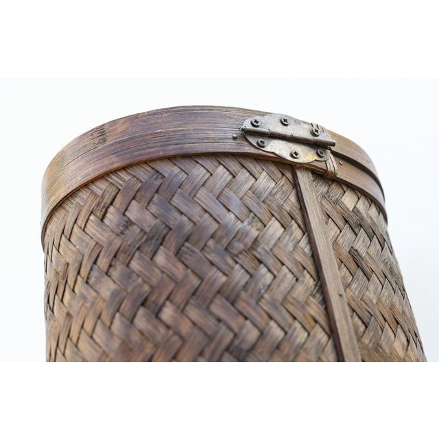 Tropical Tiki Style Oval Dark Brown Wicker Knitting Sewing Basket With Hinged Lid For Sale - Image 12 of 13