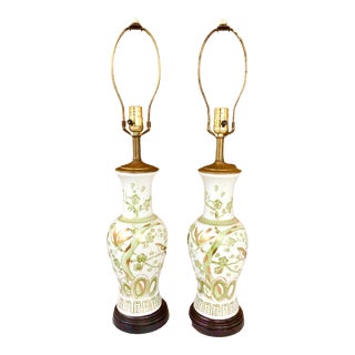 Vintage Pair of Chinoiserie Green and Gold Lamps With Mahogany Bases For Sale