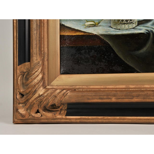 Dark Green Antique Oil Painting Signed Artist's Study of Cherokee Roses in a Glass For Sale - Image 8 of 18