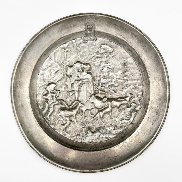 Antique Sks Zinn Pewter Hanging Plate, Germany with Farming Sheppard Scene For Sale - Image 12 of 12