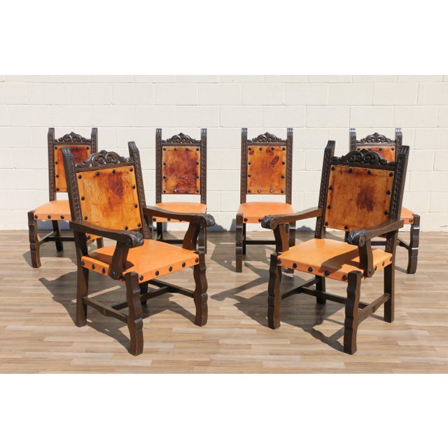 French Provincial Set of 6 Spanish Revival Carved Wood & Tan Leather Dining Chairs For Sale - Image 3 of 18