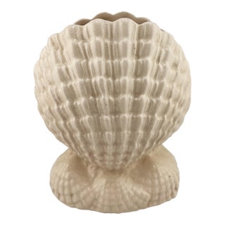 Vintage Japanese Shell Ceramic Vase or Planter in Ivory Crackle Glaze For Sale