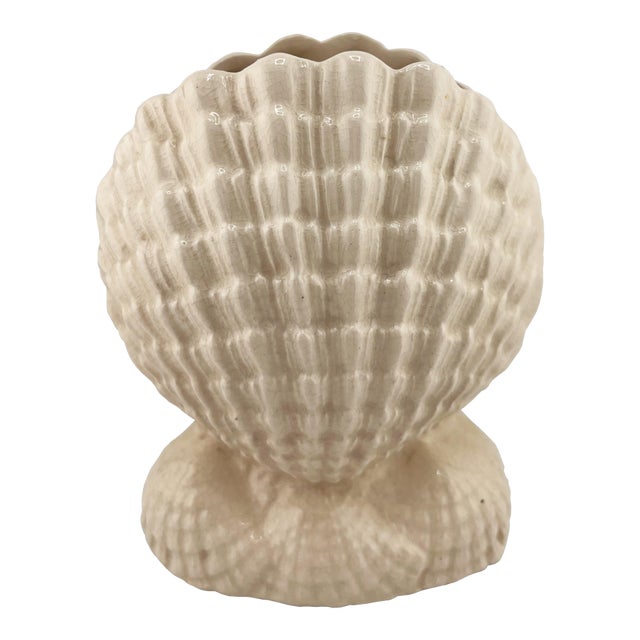 Vintage Japanese Shell Ceramic Vase or Planter in Ivory Crackle Glaze For Sale