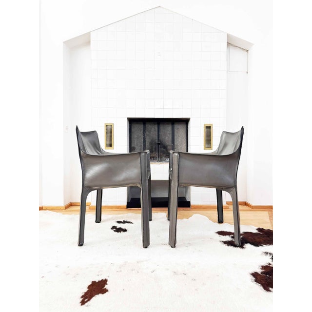 1980s Pair of Two 70s Cassina Cab 413 Armchairs Mario Bellini Elephant Grey / Gray For Sale - Image 9 of 11