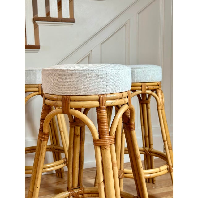 Brown 1970s Calif-Asia Natural Honey Rattan Round Barstools - Set of 4 For Sale - Image 8 of 10