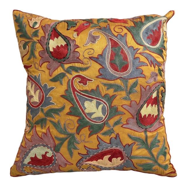 Contemporary Outpost Original Marigold Paisley Suzani Pillow For Sale