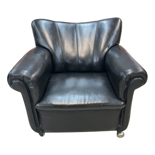Art Deco Black Leather Club Chair, 1950s For Sale