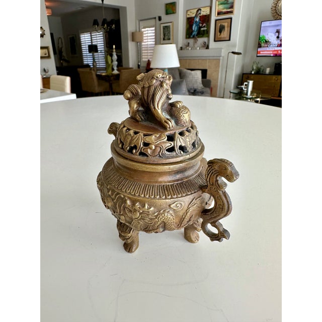 Metal Antique Chinese Ming-Style Brass Foo Dog Incense Burner Sculpture For Sale - Image 7 of 15