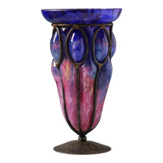 French Art Deco Schneider Mottled Cobalt Glass Vase in Wrought Iron Mount, 1920s For Sale