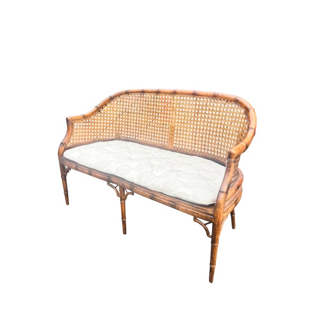 Vintage Faux Bamboo Settee Sofa Bench With Rattan Cane Back For Sale - Image 9 of 9