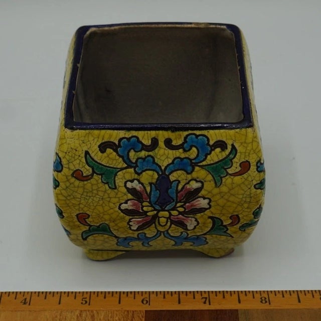 Antique Japanese Satsuma Square Footed Pot Crackle Glaze Floral Enamel c.1900 For Sale In Pittsburgh - Image 6 of 7