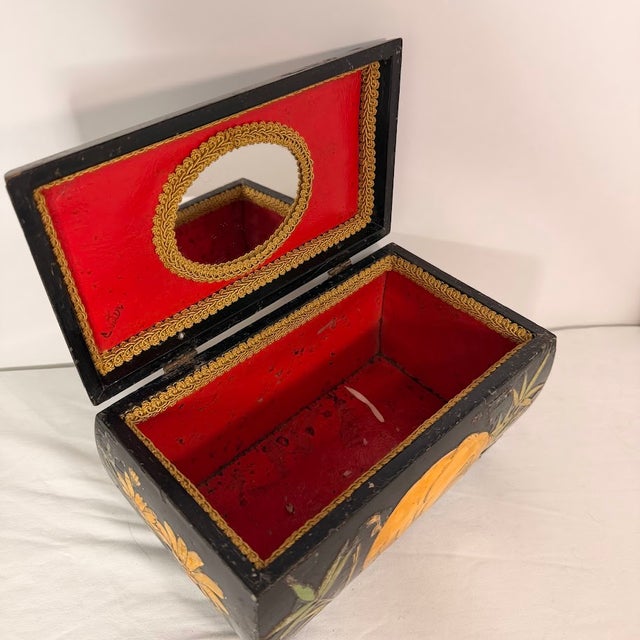 Vintage Hand Painted Chinese Wood Jewelry Box Black Lacquer Pig Flower Bamboo Red Interior For Sale - Image 9 of 13