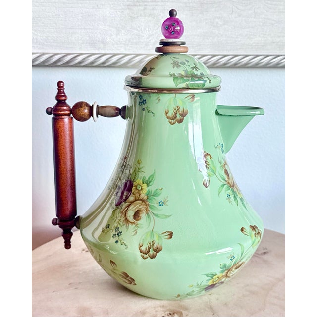 Mackenzie Childs Vintage 1995 Camp Mackenzie Childs Green Floral Coffee Pot/Kettle With Wood Handle and Lid For Sale - Image 4 of 12