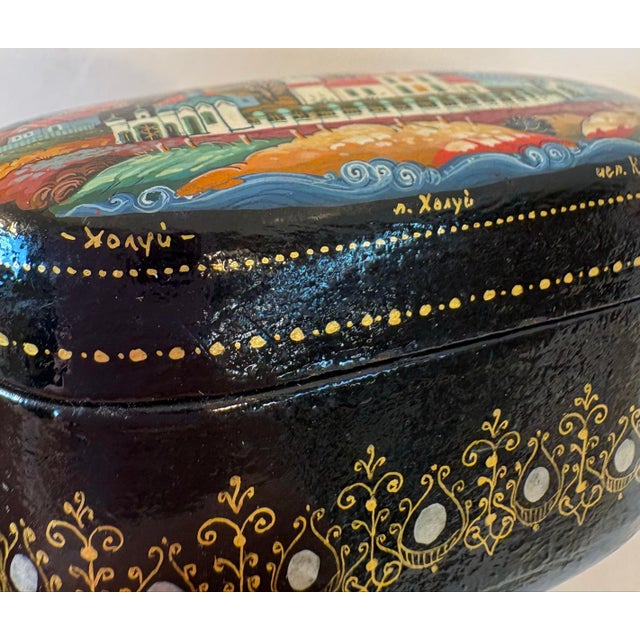 Black Vintage Russian Hand Painted Laquered Wood Trinket Box For Sale - Image 8 of 11
