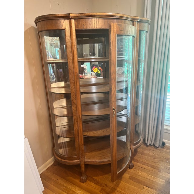 Antique Oak Curved-Glass China Cabinet For Sale - Image 6 of 9