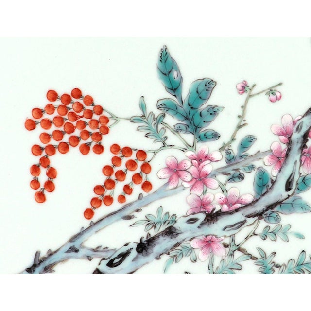 Chinese Porcelain Framed Famille Rose Plaque of Birds With Prunus and Cherry Trees For Sale In Philadelphia - Image 6 of 8