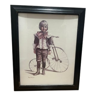 Vintage Old Fashion Boy With Bicycle Print Joanne Thompson For Sale