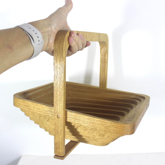 Brown Vintage Oak Wood Collapsible Basket Bowl For Sale - Image 8 of 9