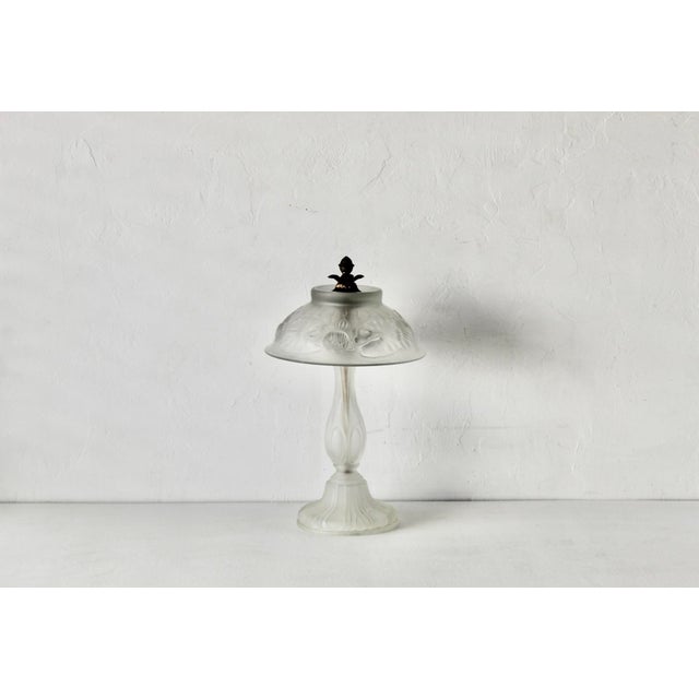 Art Nouveau Vintage Lalique Style Art Nouveau Frosted Glass Lamp Floral Relief For Sale - Image 3 of 13