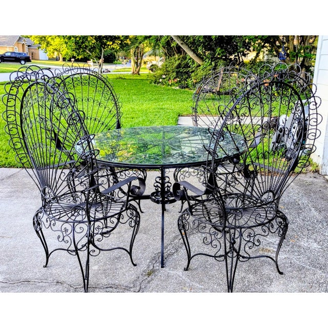 Black Salterini Patio Set Wrought Iron Table Peacock 4 Chairs Mid 20th C. For Sale - Image 8 of 11