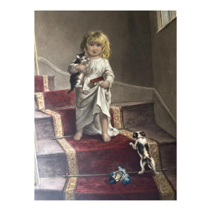Giant 27 x 34 Antique Engraving by Alfred Lucas: "Family Cares", Child, Animals