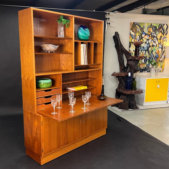 Poul Hundevad Teak Two-Piece Cabinet, Bookcase & Drop-Front Secretary, Denmark For Sale - Image 10 of 16