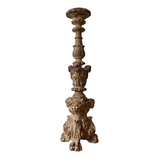 Antique Italian Ecclastical Church Pricket Candlestick with Carved Acanthus and Cherubs, 1780 For Sale