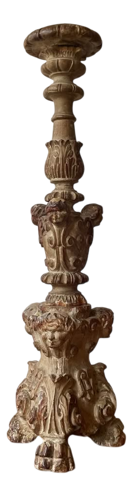Antique Italian Ecclastical Church Pricket Candlestick with Carved Acanthus and Cherubs, 1780