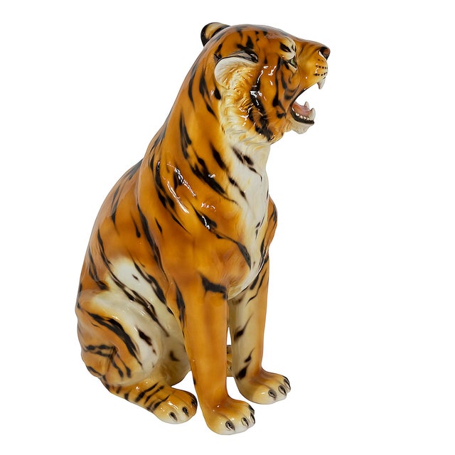 Large Vintage Italian Hand Made Glazed Ceramic Tiger Sculpture, 1980s For Sale - Image 4 of 7