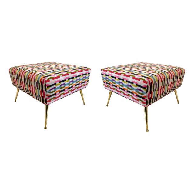 Classic Stool Pair in Textured "Habanero Collection Fabric and Solid Brass Legs For Sale