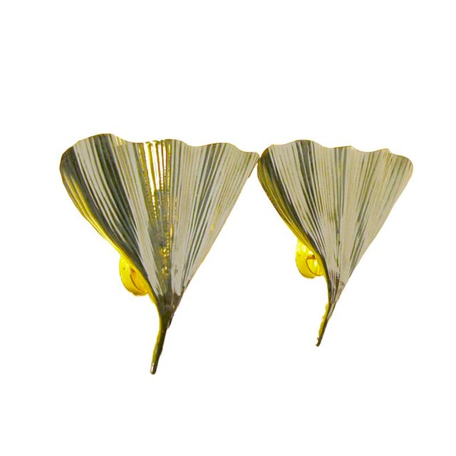 Gold Brass Ginkgo Leaf Wall Lamps, 1970s, Set of 2 For Sale - Image 8 of 8