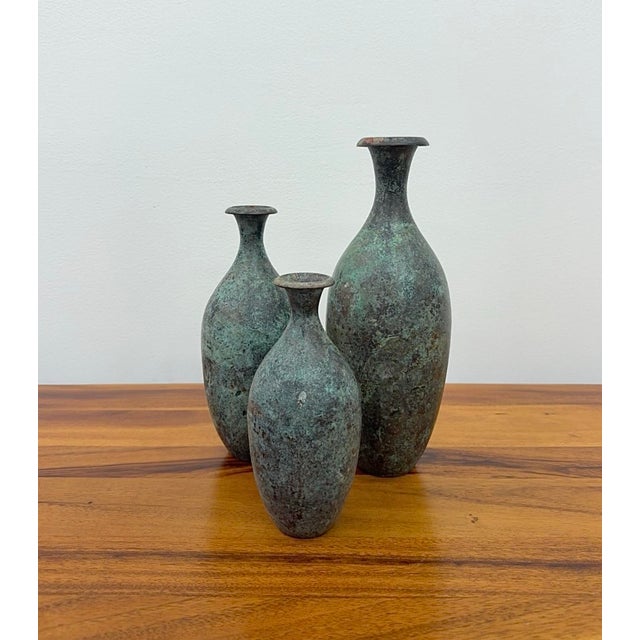 Mid-Century Modern Vintage Bronze Verdigris Vases - Set of 3 For Sale - Image 3 of 5