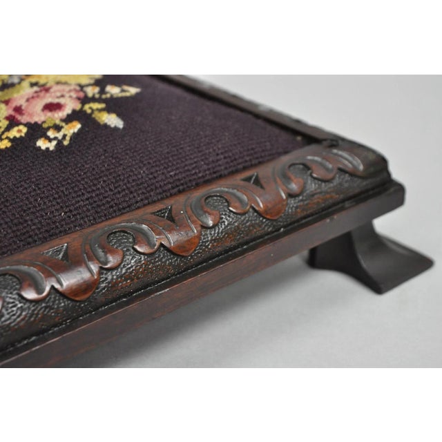 Wood Early 20th Century Antique Victorian Carved Solid Mahogany Floral Needlepoint Low Footstool Ottoman For Sale - Image 7 of 12