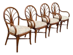 Vintage Hollywood Regency Bentwood Rattan Fan Back Dining Chairs - Set of 4