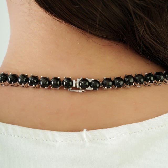 Victorian Style 147.37 Ct Black Star Cabochon Tennis Necklace With Drop Earrings Set - 3 Pieces For Sale - Image 10 of 15