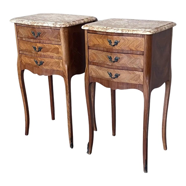 Antique Louis XV French Marquetry Marble Top Nightstands, Set of 2 For Sale