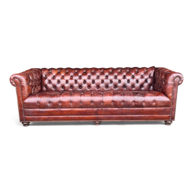 Mid-Century Modern 1960s Distressed Light Brown Leather Chesterfield Sofa For Sale - Image 3 of 16