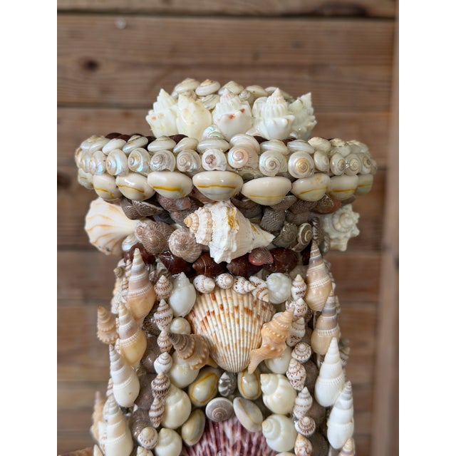 Off-white Vintage Handcrafted Coastal Seashell Encrusted Plaster Obelisk Candleholders, Pair For Sale - Image 8 of 12
