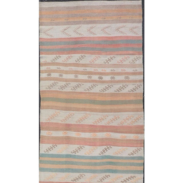 Textile Mid 20th Century Vintage Turkish Kilim Runner With Stripes in Cream Lt Green Coral & Yellow For Sale - Image 7 of 11