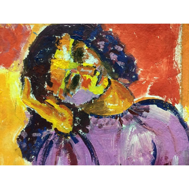 Purple 1970s Oil Painting Portrait of a Lonely Girl For Sale - Image 8 of 10