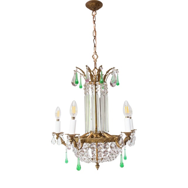 Vintage French Bronze Chandelier with Crystals, 1940s For Sale