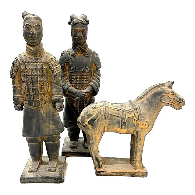 1980's Large Chinese Terracotta Tang Warriors and Horse Figures Set - 3 Pieces For Sale