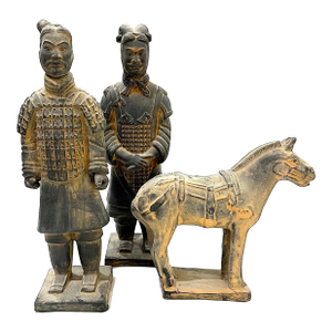 1980's Large Chinese Terracotta Tang Warriors and Horse Figures Set - 3 Pieces