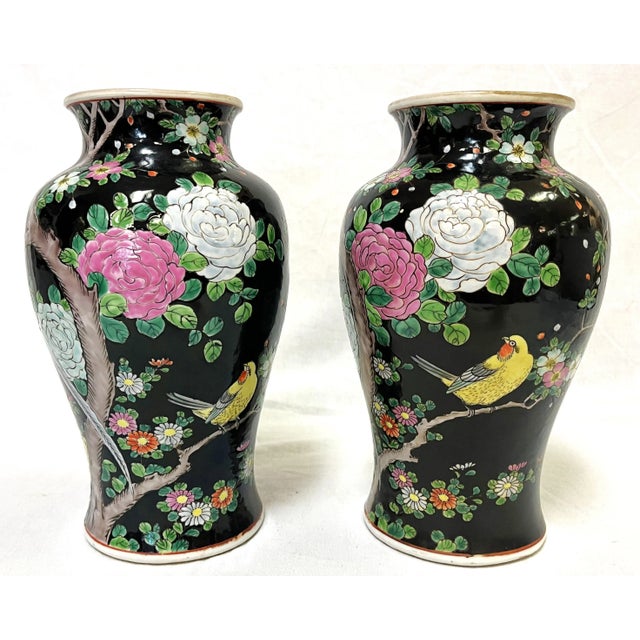 Mid Century Chinoiserie Birds With Peonies Hand Painted Porcelain Vases- a Pair For Sale - Image 9 of 12