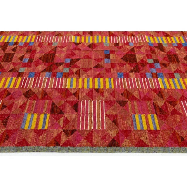 Textile Vibrant Terracotta Geometric Kilim Rug Modern Swedish-Style Wool Flatweave 10x14 For Sale - Image 7 of 10