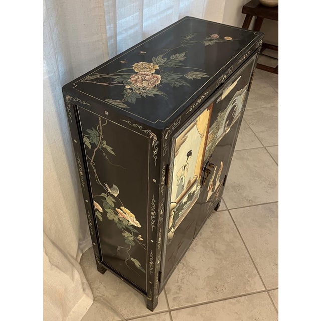 Mid-Century Chinese Black Lacquer Cabinet With Mother of Pearl Inlays For Sale - Image 10 of 17