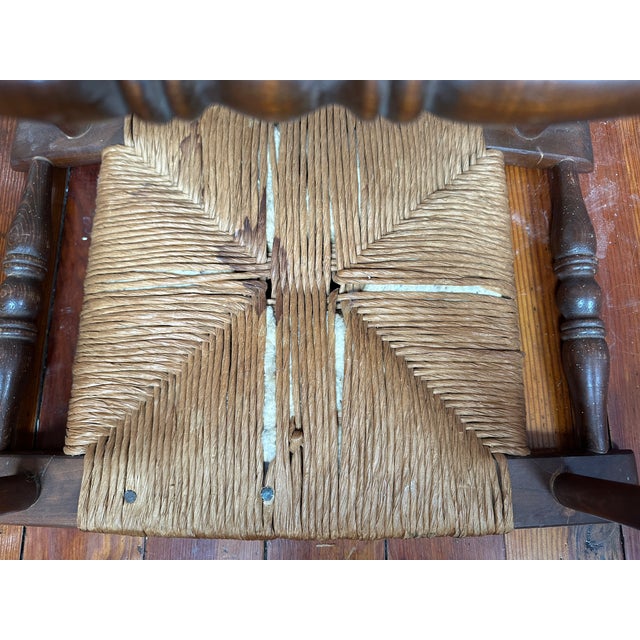 Late 20th Century Early 20th Century Curved Woven Rush Seat Primitive Wood Bench For Sale - Image 5 of 8