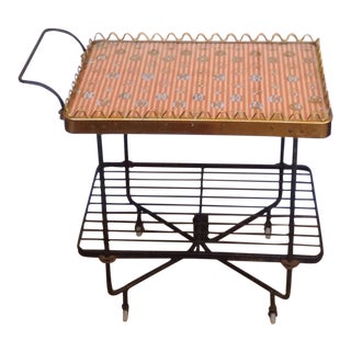 1950s Wrought Iron Glass Top Serving Bar Cart on Wheels For Sale